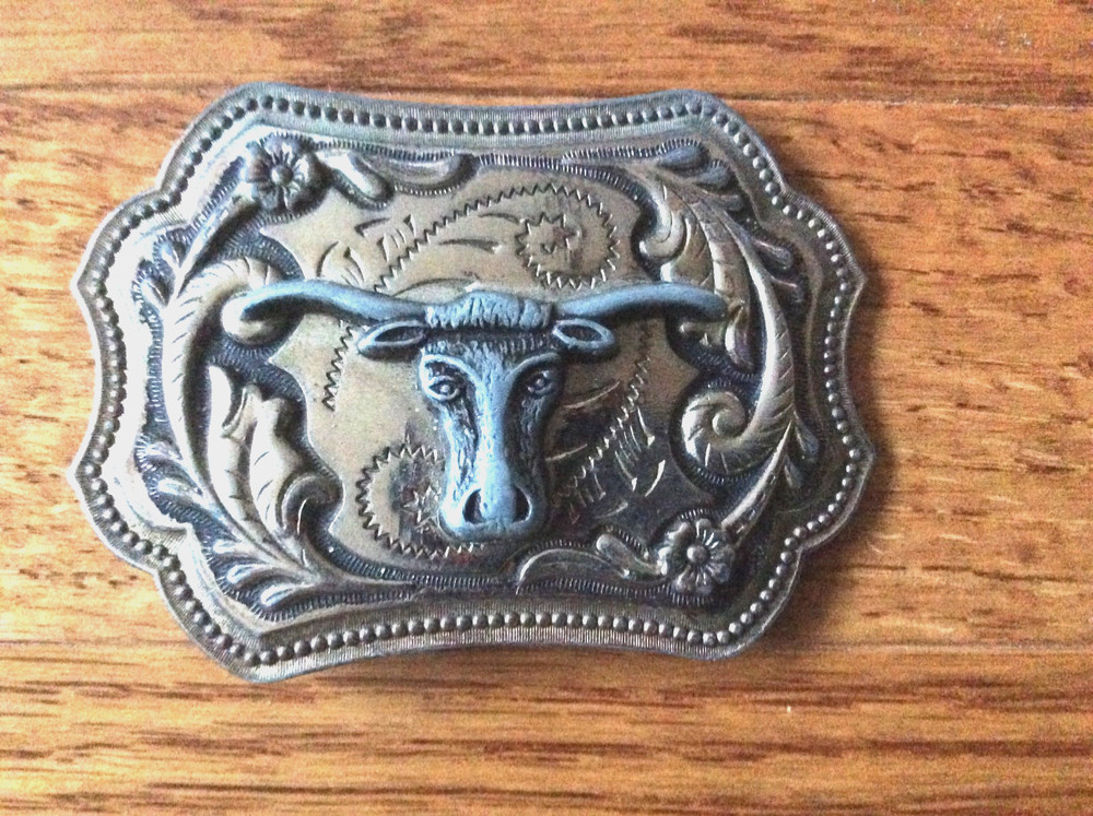 Texas Longhorn SouthWest etched vintage Belt Buckle America cattle skull patina