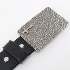 Hammered Belt Women Black Faux Leather Silver Plaited Buckle Cross Biker