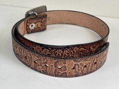 Vtg Tooled Leather Western Belt & Brown Stone BUCKLE 30/34 Small Deer Woods USA