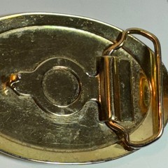 Gold Tone Oval Belt Buckle Die Cast Train Locomotive Yellow Blue