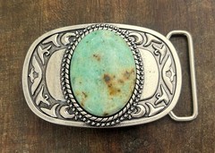 Turquoise Stone Belt Buckle Western Silver Engraved Cowboy Rodeo Design
