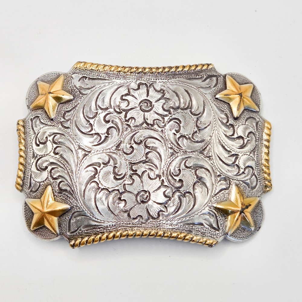 Vintage Western Belt Buckle Silver Gold Tone Floral Engraved Stars Rope Edge