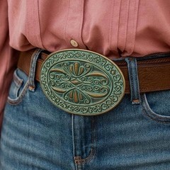 Antique Turquoise Patina Brass Belt Buckle Engraved Western Cowgirl Cowboy Style