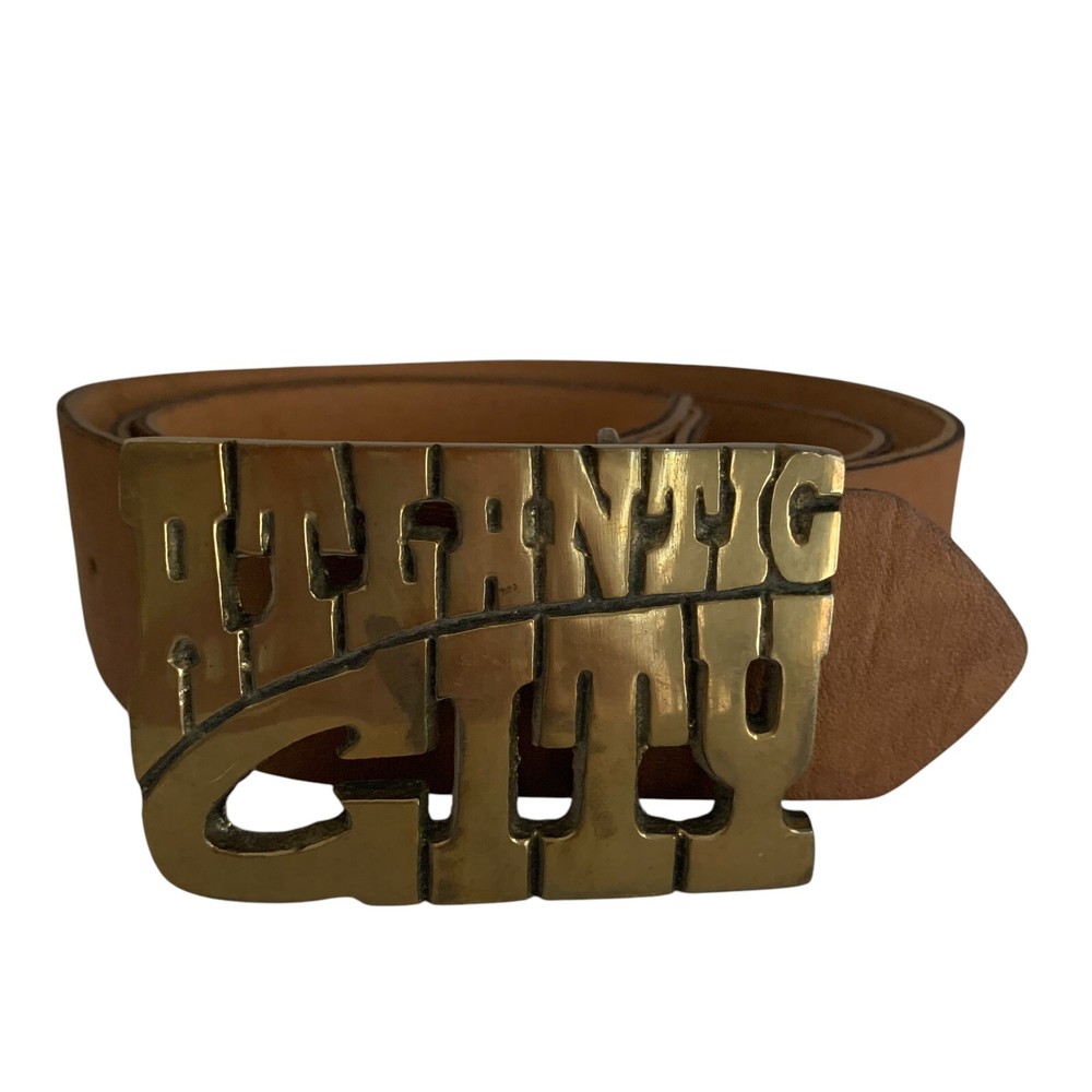 Atlantic City Brass Belt Buckle Brown Faux Leather Belt 1 1/2” Sz Large 36-45