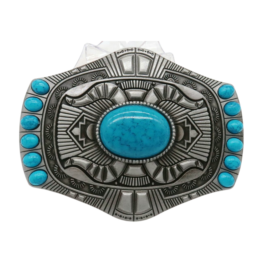 Men Women Silver Metal Belt Buckle Western Fashion Turquoise Blue Beads Big Size