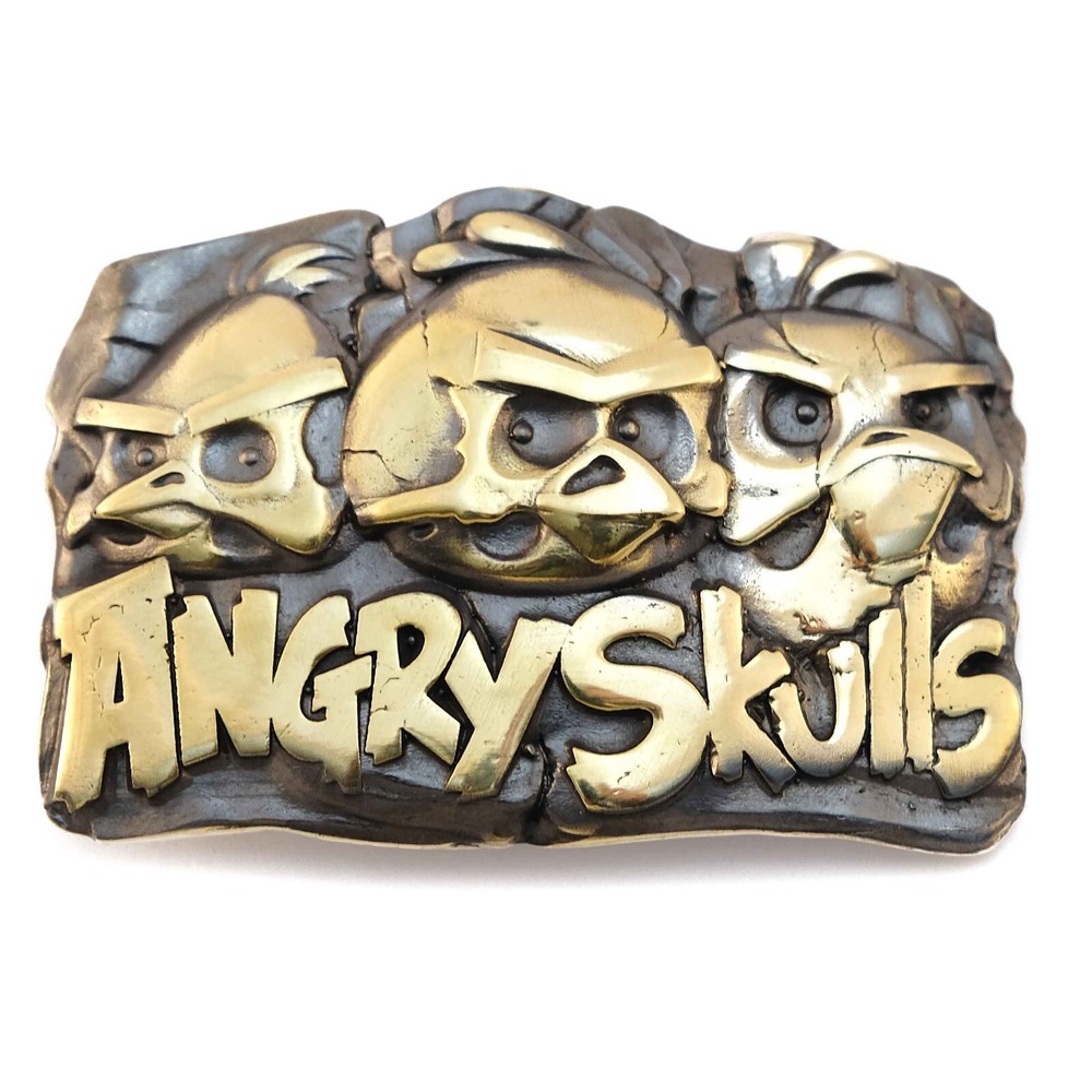 Belt buckle Angry Skulls, Solid brass handmade belt buckle with birds skulls