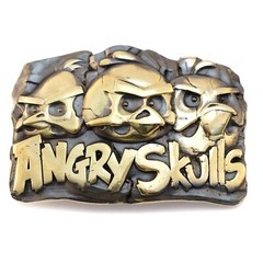 Belt buckle Angry Skulls, Solid brass handmade belt buckle with birds skulls