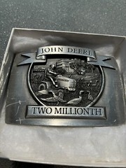 Vintage 1992 belt buckle JOHN DEERE Two Millionth TRACTOR lawn mower Pewter