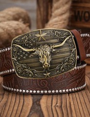 Western Men&rsquo;s Belt Buckles Longhorn Bull Bronze Cowboy Belt Buckles for Men