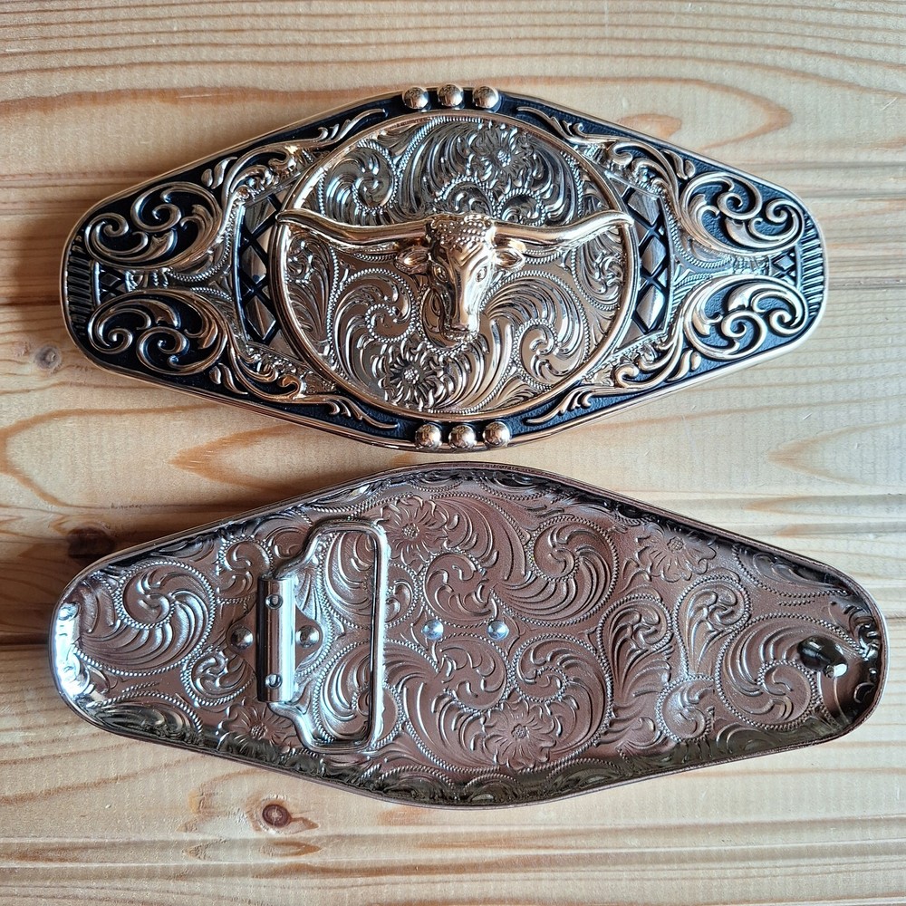BIG Long horns bull waves western country silver & gold & black belt buckle