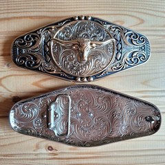 BIG Long horns bull waves western country silver & gold & black belt buckle