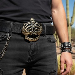 Men Women Antique Gold Metal Belt Buckle Skull Skeleton Bones Cover Face Eyes