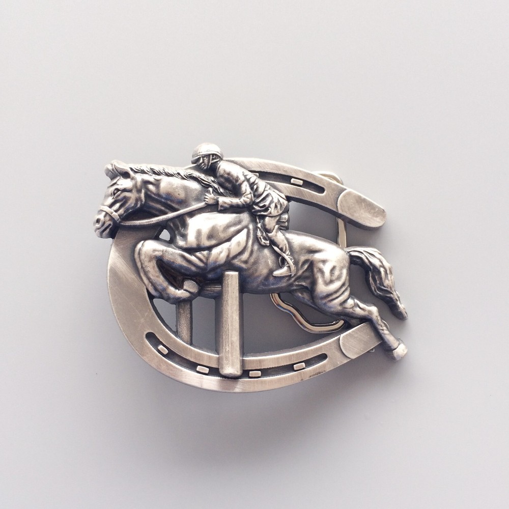 Vintage Silver Plated Horse Jumping Sports Belt Buckle Boucle de ceinture