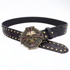 Vintage Skull Maltese Cross Buckle Leather Belt