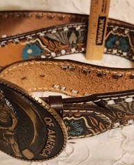 HORSESHOERS AMERICA AWARD DESIGN SOLID BRASS BUCKLE W/ LEATHER WILSON BELT SZ40