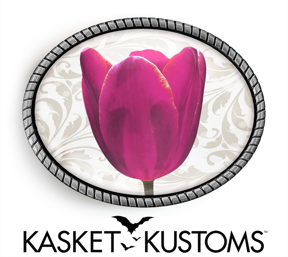 Pink Tulip Belt Buckle – Flower Floral Pattern, Silver or Gold, Oval Rope Buckle