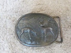 VINTAGE Whitetail Deer Doe & Buck Belt Buckle Indiana Metal Craft Brass 3&Prime;