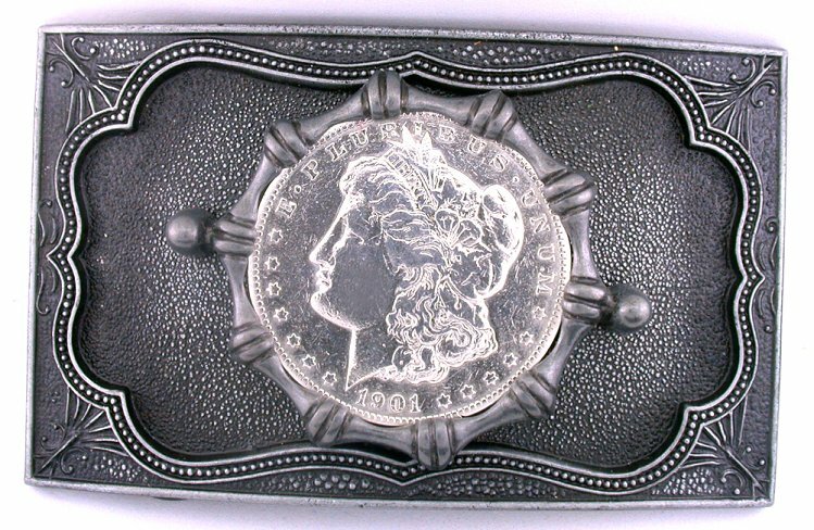 1901 Morgan Silver Dollar Belt Buckle Antique Silver Rectangle Belt Buckle