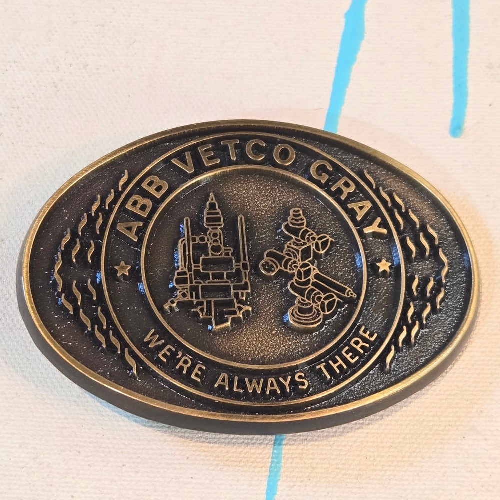Vintage ABB Vetco Gray Solid Brass Belt Buckle 3.5&Prime; Unique Industrial Design VTG