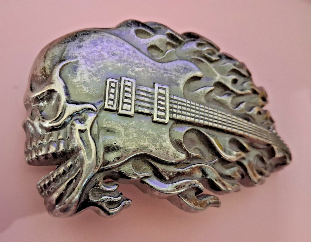 Belt Buckle Flaming Skull Guitar Heavy Metal