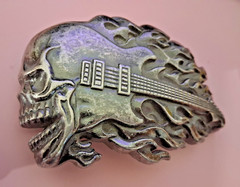 Belt Buckle Flaming Skull Guitar Heavy Metal
