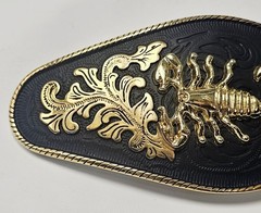 Men&rsquo;s Western Black & Gold Scorpion Emblem Filigree Metal Cowboy Belt Buckle
