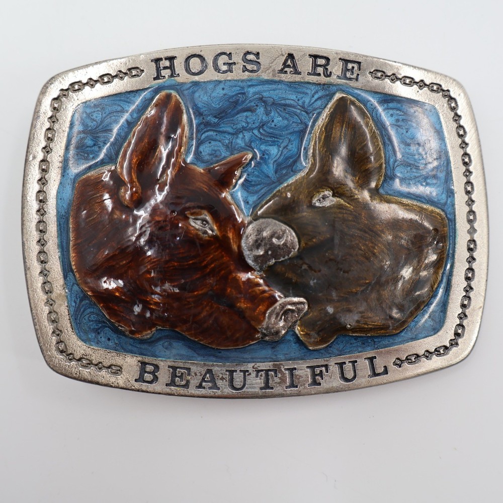 The Great American Buckle Co Pig Belt Buckle OS Blue Hogs Are Beautiful 1979