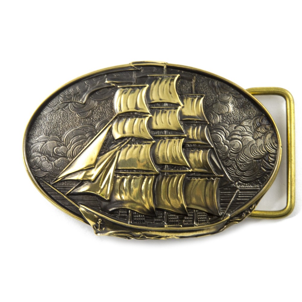 Brass belt buckle Frigate, Sailship buckle, Brigantine, Barque, Warship buckle