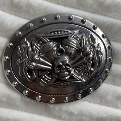 Belt Buckle Metal Motorcycle Skull Flames Mens Oval 3.5&Prime; x 2 5/8&Prime;