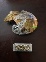 Crumrine 50 YEARS Western Belt Buckle Three Horse Silver Plate on Bronze Leather