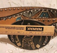 HORSESHOERS AMERICA AWARD DESIGN SOLID BRASS BUCKLE W/ LEATHER WILSON BELT SZ40