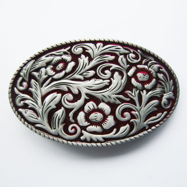 Western Cowgirl Flower Pattern Red Enamel Metal Belt Buckle