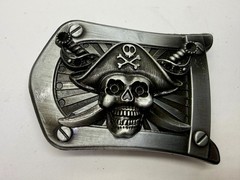 Pirate Skull Crossbones with Crossed Swords 3D Raised Silver Tone Belt Buckle