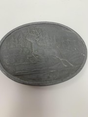 Vintage Pewter Deer Belt Buckle Oval Wildlife Outdoorsman Forest Scene Western