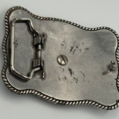Western Horse Belt Buckle Silver Tone Floral Engraved Rhinestone Border Rodeo
