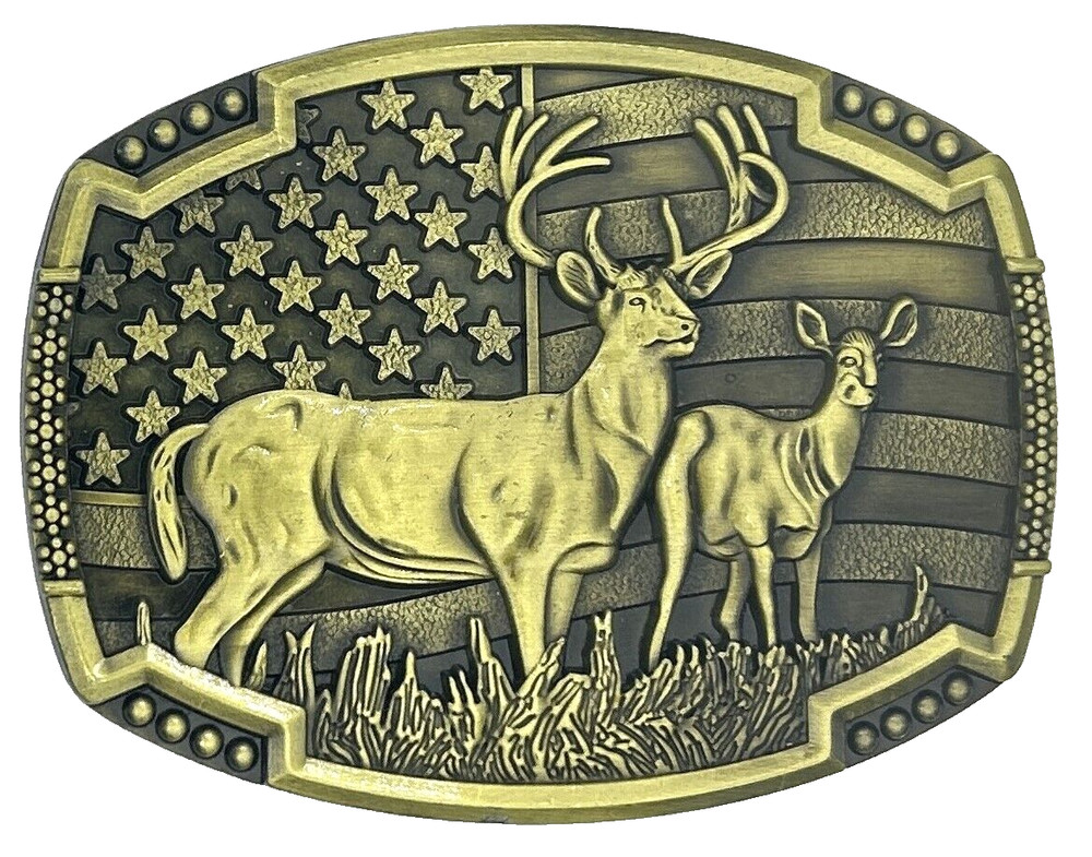 Deer USA American Flag Animal Hunter Enameled Belt Buckle New