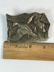 Vintage Bergamot Brass Works Belt Buckle Silver Ducks Pewter 1977 USA Hunting