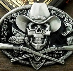 Cowboy skull outlaw western Oval Silver Black Belt Buckle