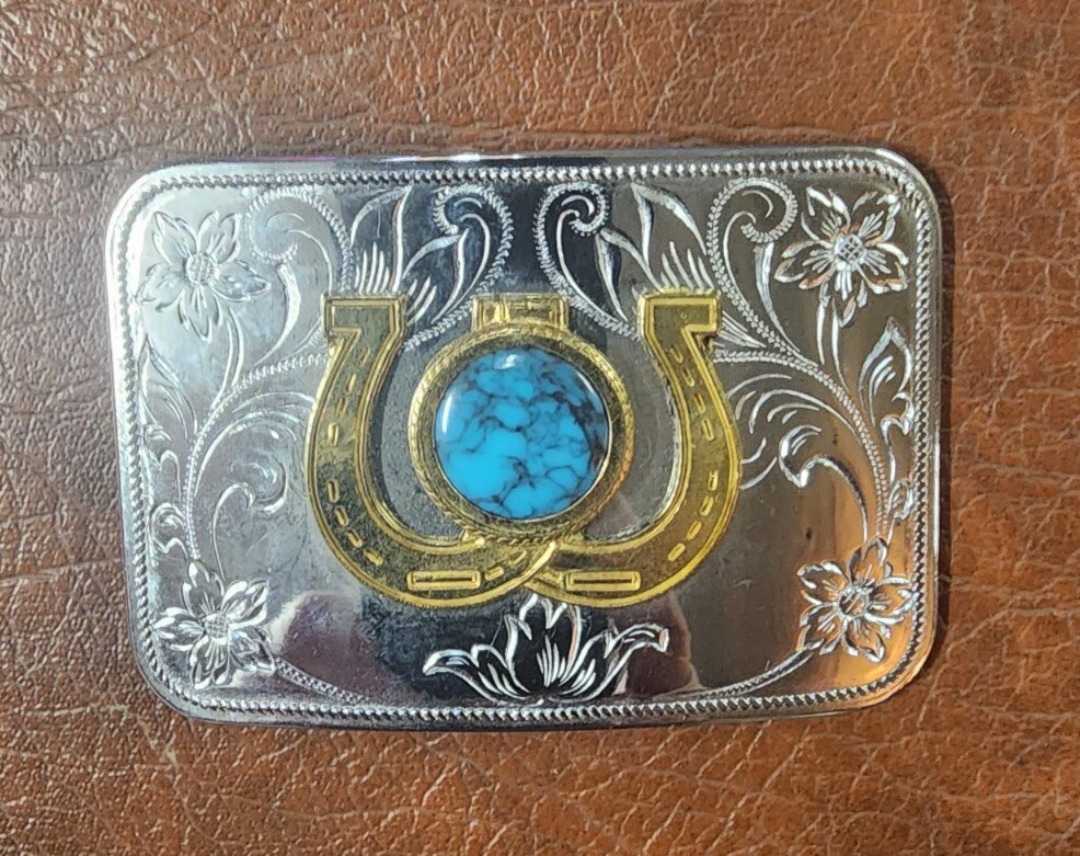 Double Horseshoe Faux Turquoise Chrome Belt Buckle Vintage
