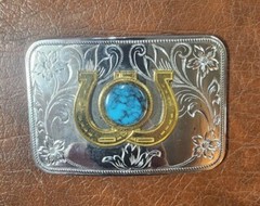 Double Horseshoe Faux Turquoise Chrome Belt Buckle Vintage