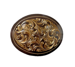 Western Belt Buckle 4.25 x 3.25 in Handcrafted Oval Engraved Brown Gold 2.25