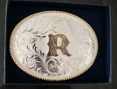 Montana Silversmiths® Silver Engraved Gold Trim « R » Initial Belt Buckle NEW