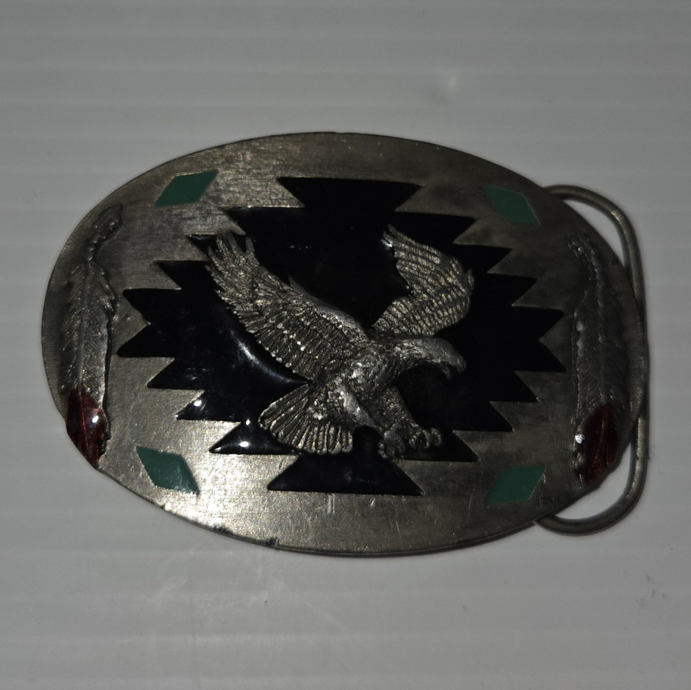 Men&rsquo;s Oval Eagle Western Belt Buckle Silver Black Green Red