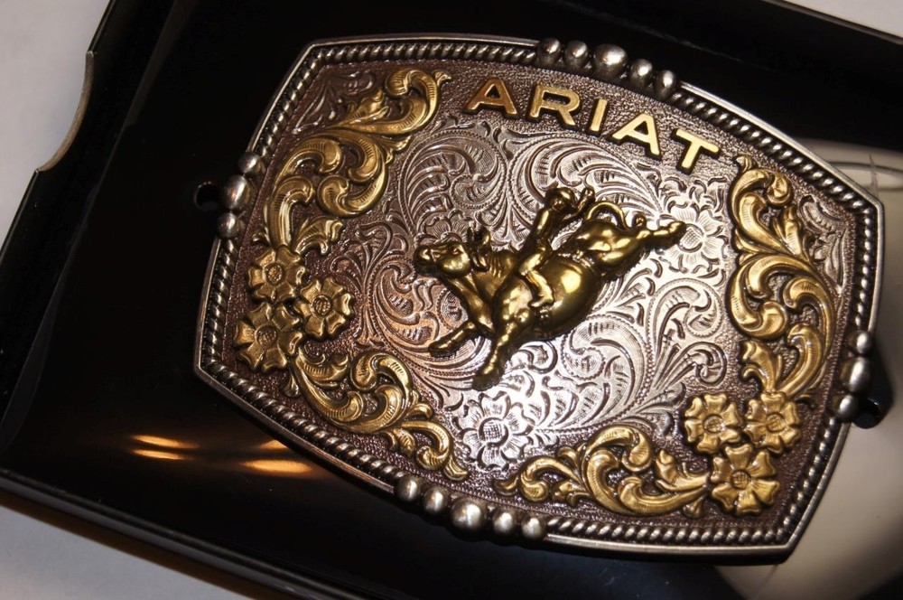 Ariat Western Belt Buckle Bull Rider Logo Silver & Gold tone A37065