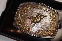 Ariat Western Belt Buckle Bull Rider Logo Silver & Gold tone A37065
