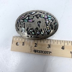 Vintage Mexico Alpaca Silver Horse Belt Buckle Abalone Shell Mosaic Inlay 3.25&Prime;