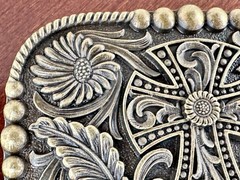 Western Cowboy Belt Buckle with Cross – Antique Bronze Floral Engraved Buckle