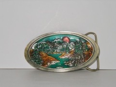 C+J Alaska Belt Buckle Made USA C&J 1987 Multi Colored Eagle Elk Denali Sun