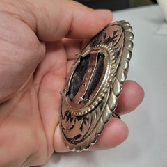 Vintage Silver Dollar Coin Gem Stone Holder Prong Belt Buckle Black Inlay Oval