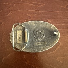 Vintage 1980s Brass Grandpa Oval Blue Teal Enamel Belt Buckle USA